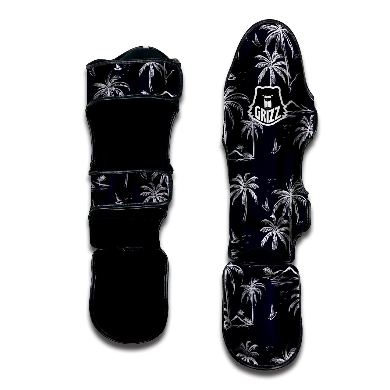 Black Palm Tree Hawaiian Print Muay Thai Shin Guard-grizzshop