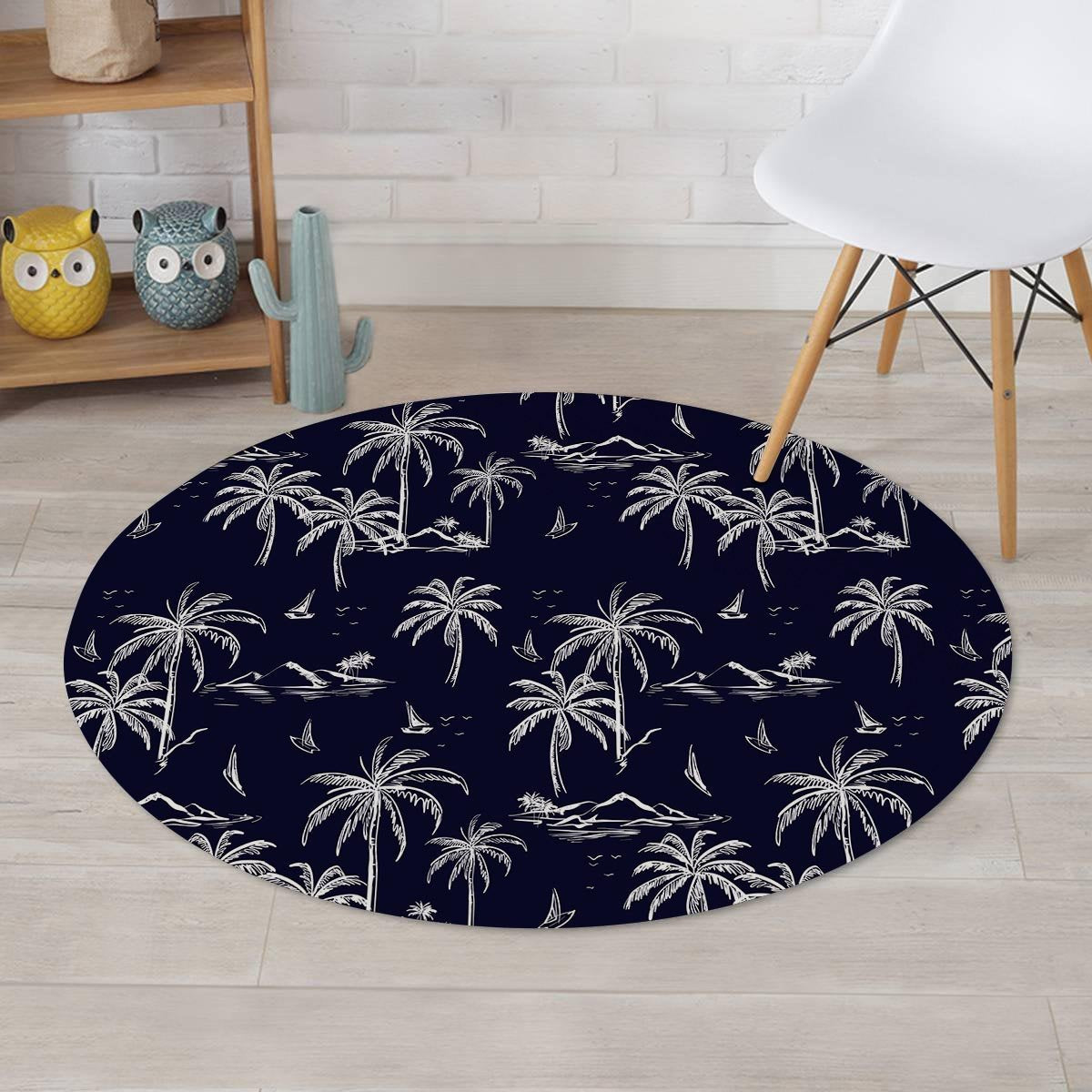 Black Palm Tree Hawaiian Print Round Rug-grizzshop