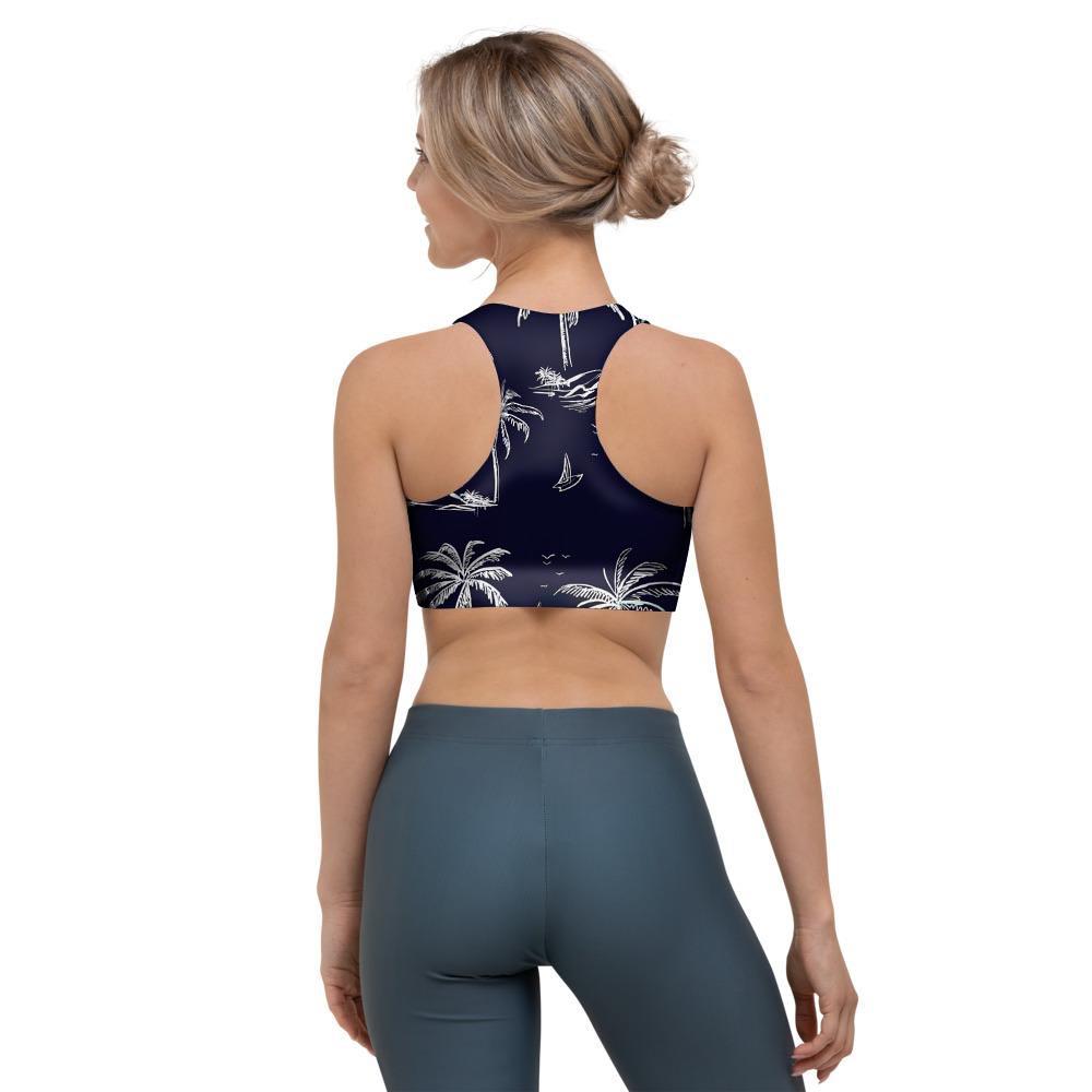 Black Palm Tree Hawaiian Print Sports Bra-grizzshop