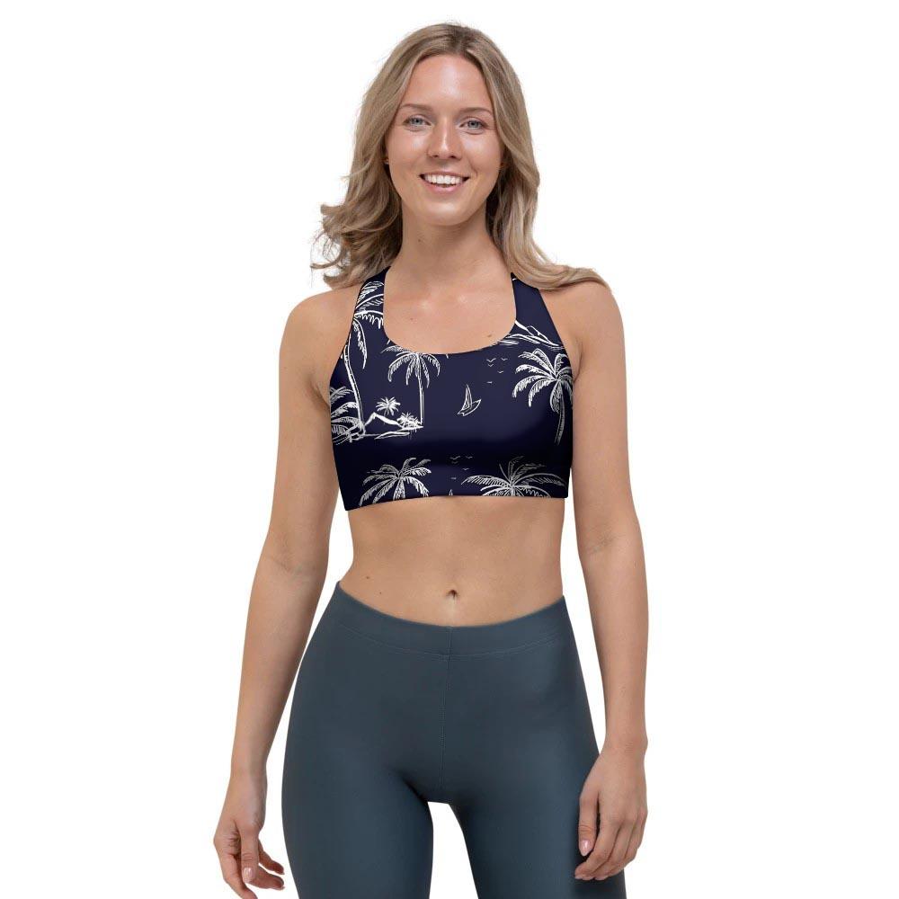 Black Palm Tree Hawaiian Print Sports Bra-grizzshop