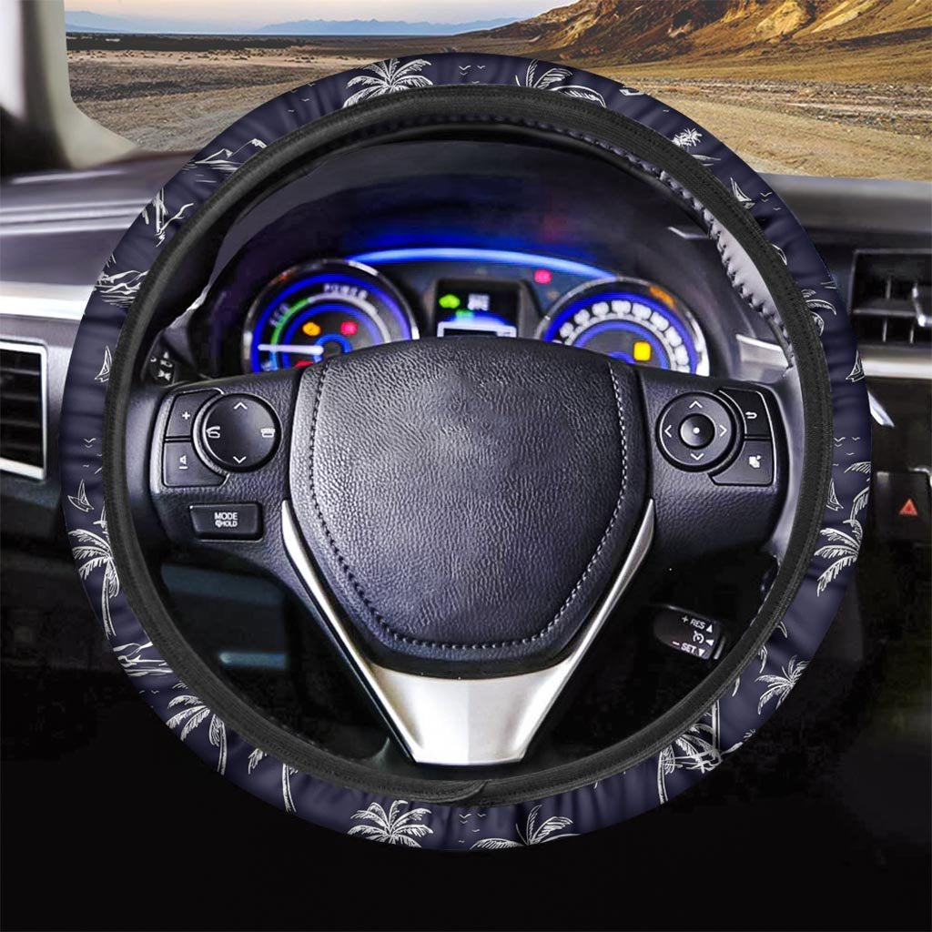 Black Palm Tree Hawaiian Print Steering Wheel Cover-grizzshop