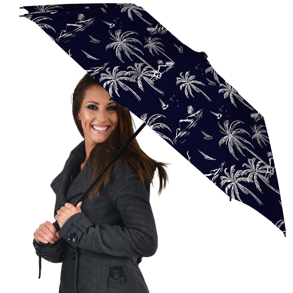 Black Palm Tree Hawaiian Print Umbrella-grizzshop