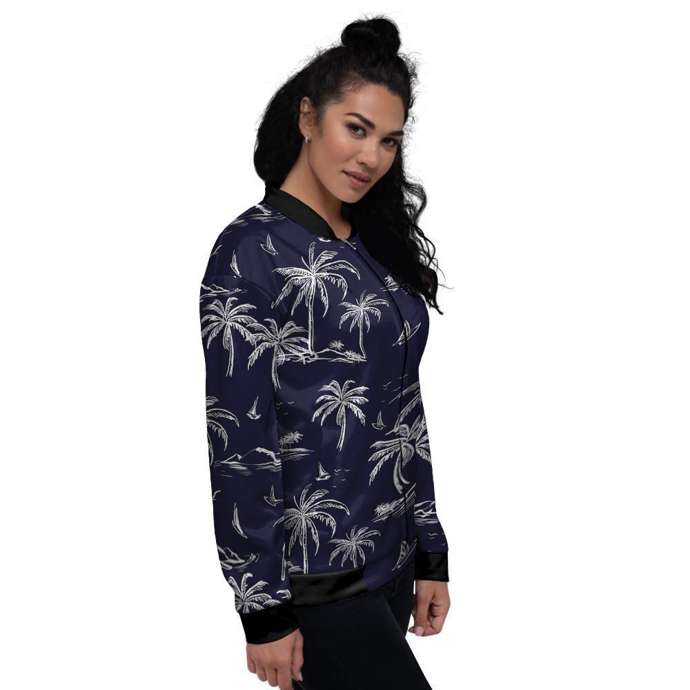 Black Palm Tree Hawaiian Print Women's Bomber Jacket-grizzshop