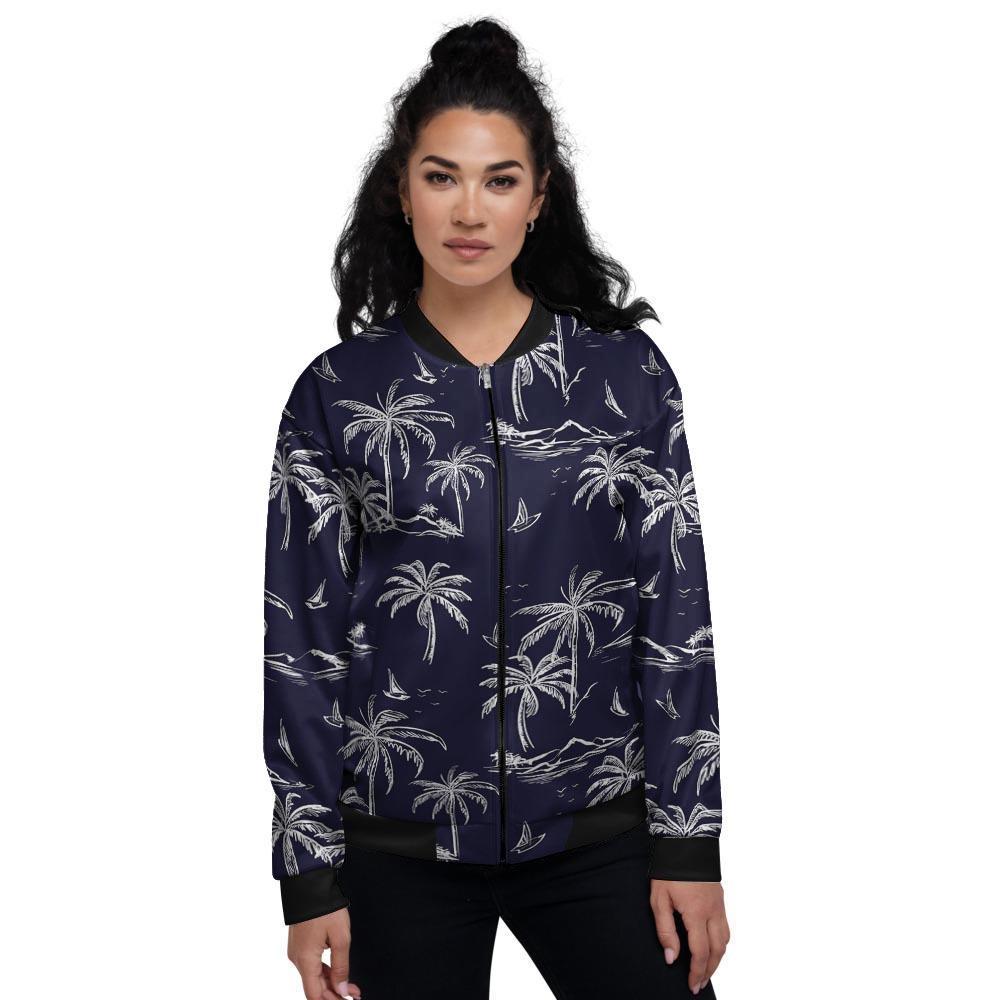 Black Palm Tree Hawaiian Print Women's Bomber Jacket-grizzshop