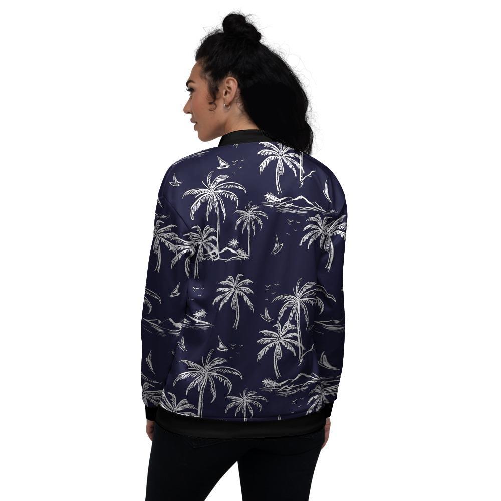 Black Palm Tree Hawaiian Print Women's Bomber Jacket-grizzshop