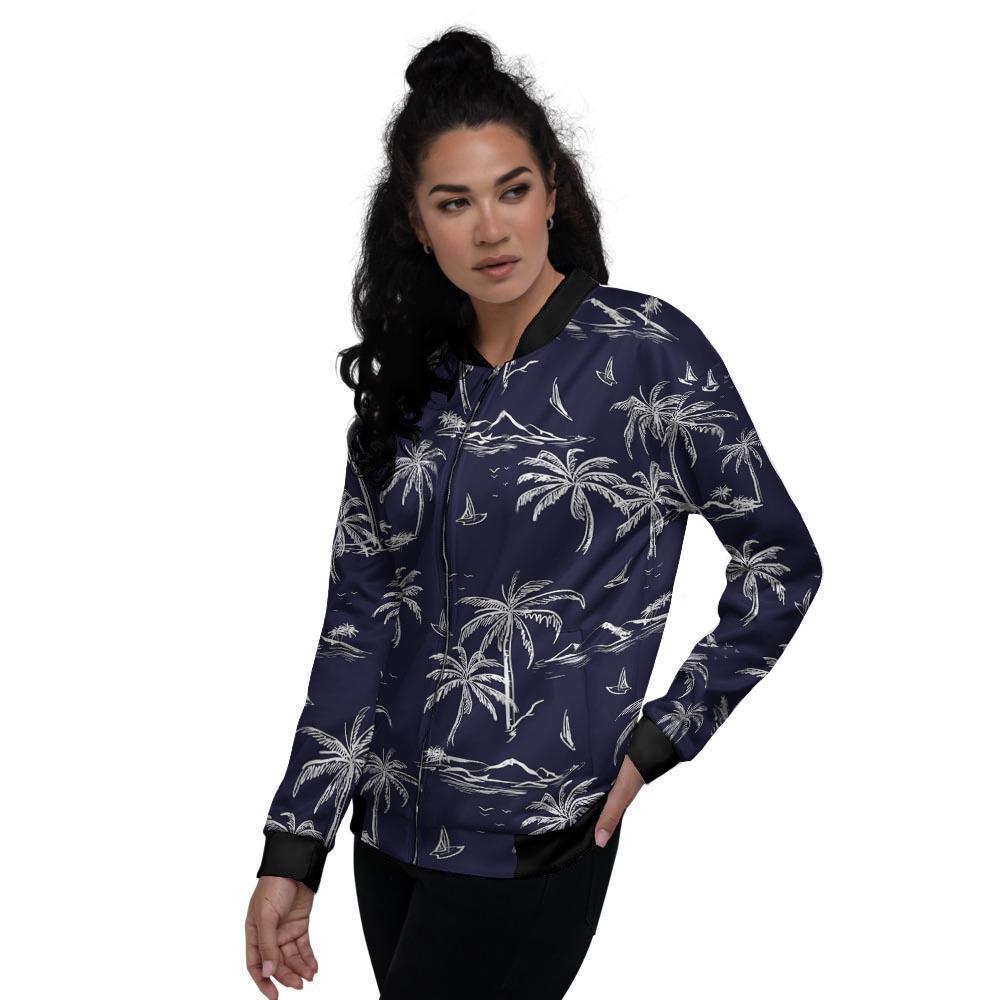 Black Palm Tree Hawaiian Print Women's Bomber Jacket-grizzshop