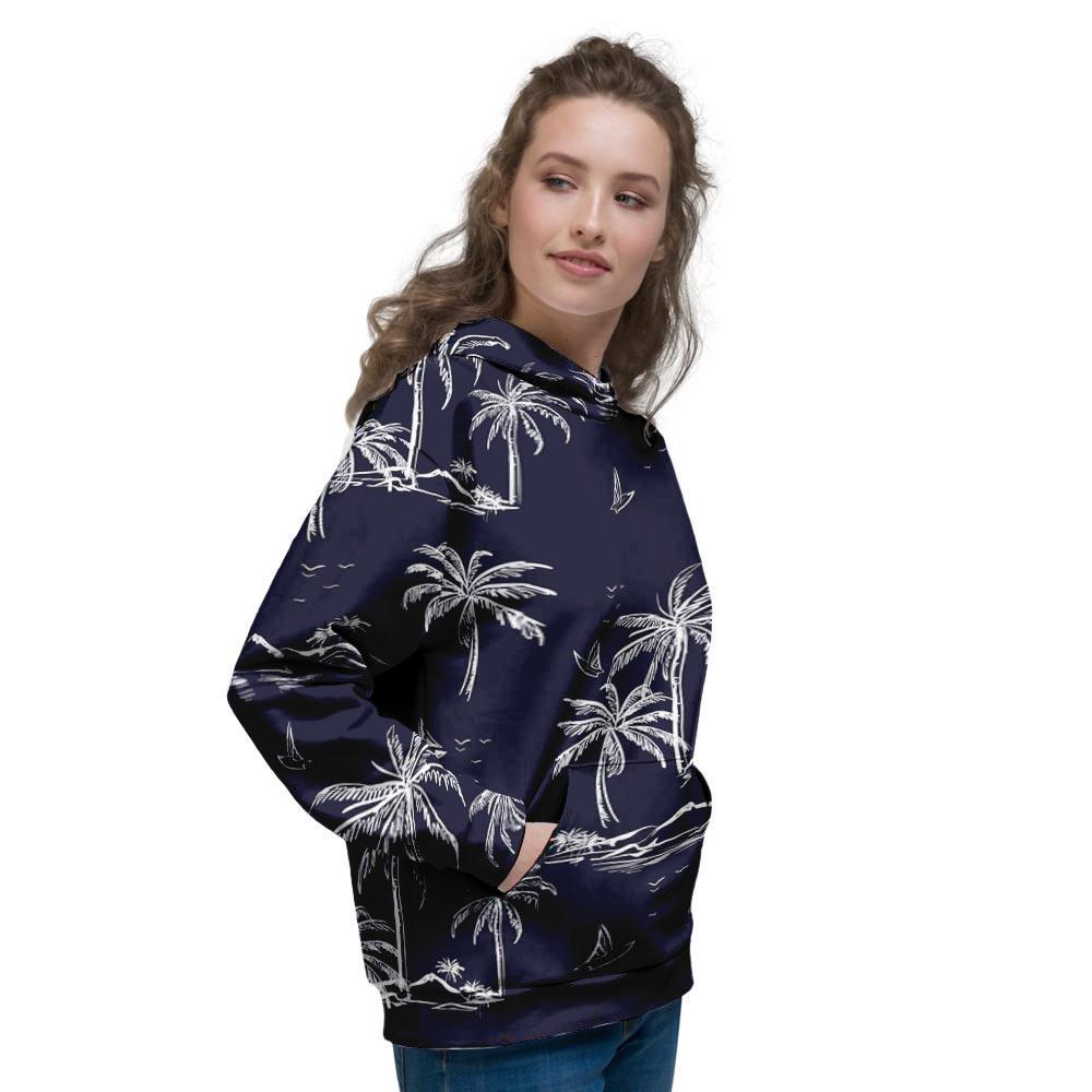 Black Palm Tree Hawaiian Print Women's Hoodie-grizzshop