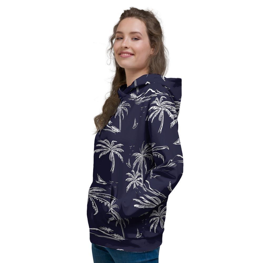 Black Palm Tree Hawaiian Print Women's Hoodie-grizzshop