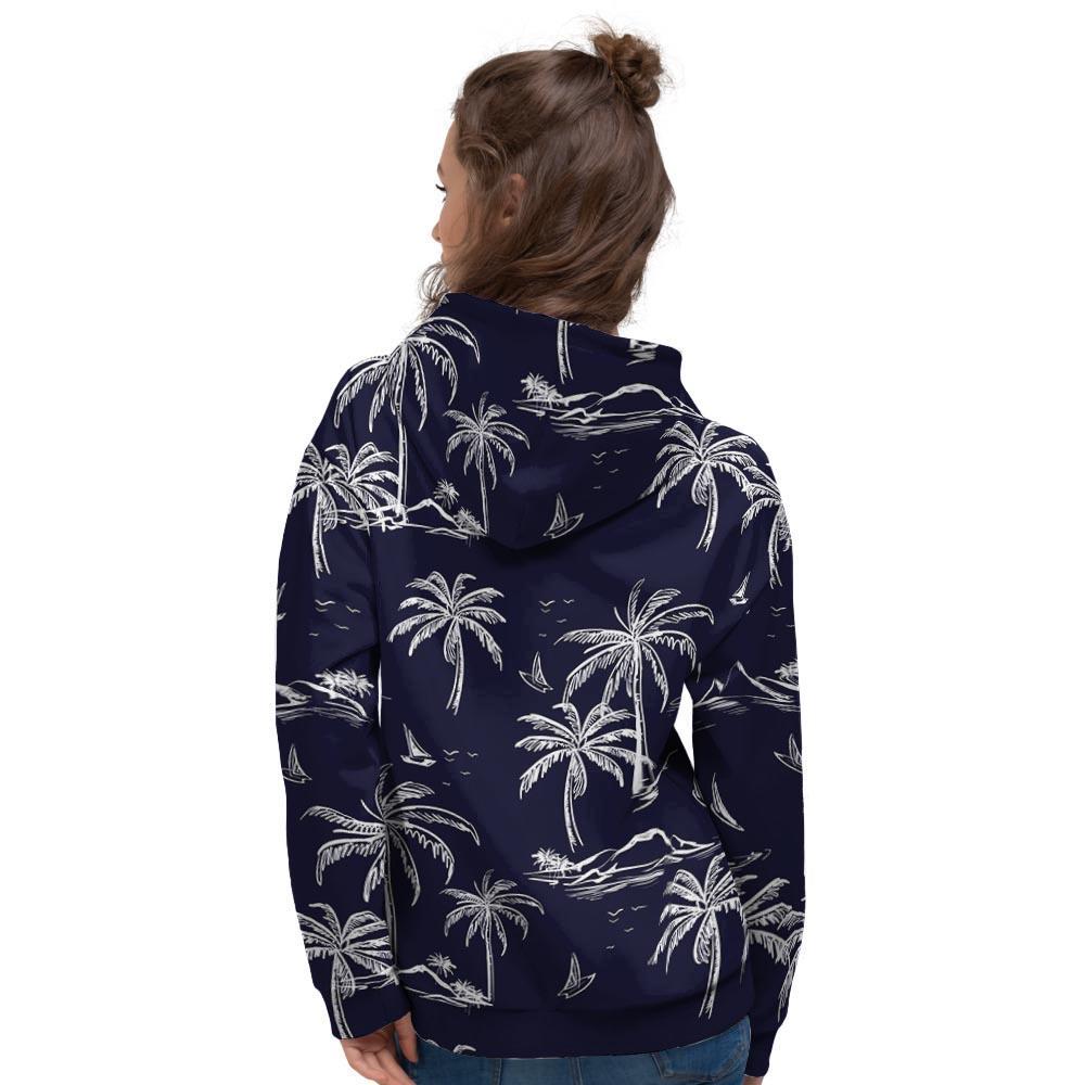 Black Palm Tree Hawaiian Print Women's Hoodie-grizzshop