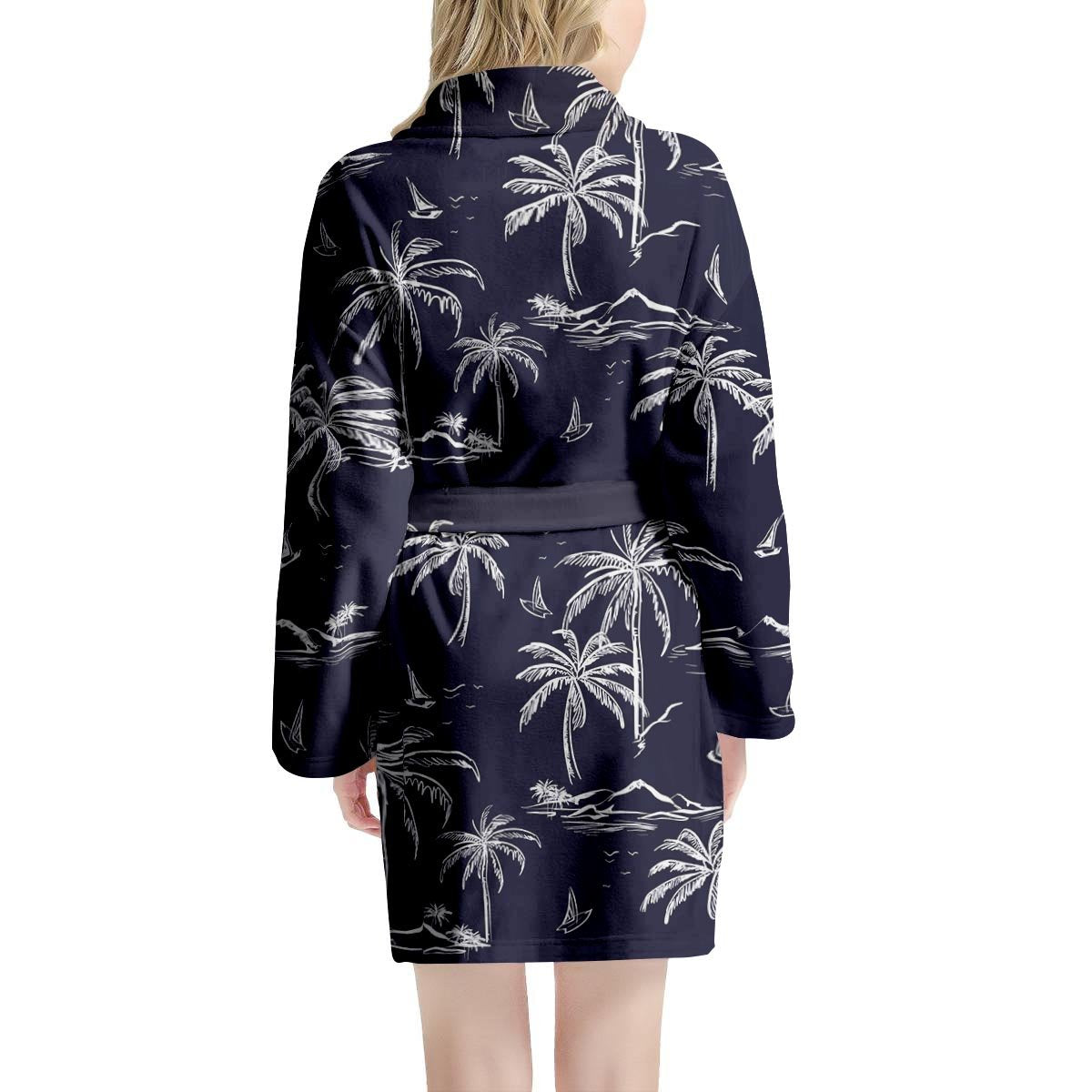Black Palm Tree Hawaiian Print Women's Robe-grizzshop