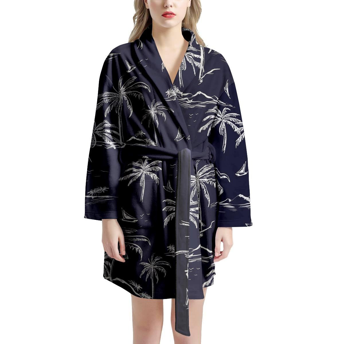 Black Palm Tree Hawaiian Print Women's Robe-grizzshop