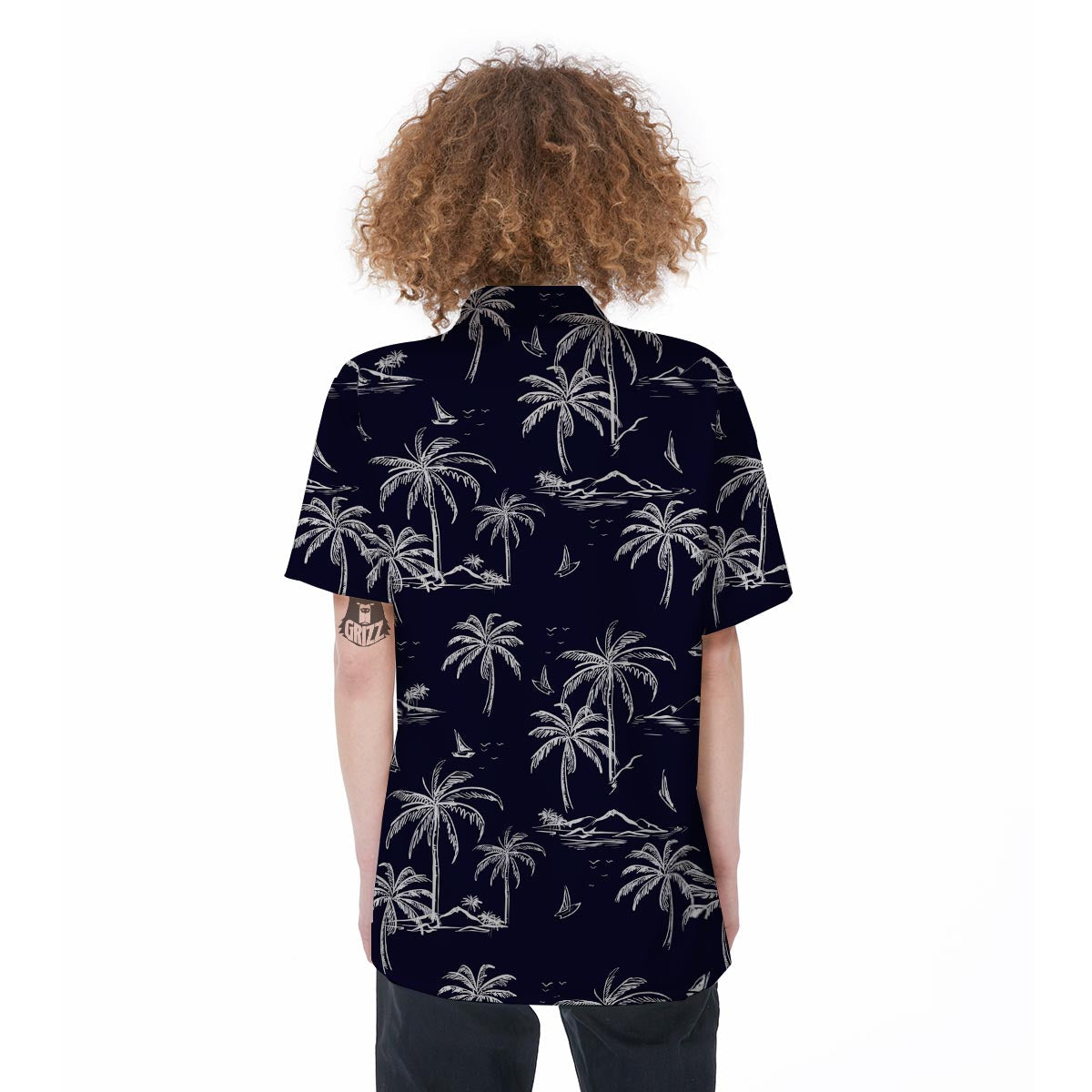 Black Palm Tree Hawaiian Print Women's Short Sleeve Shirts-grizzshop