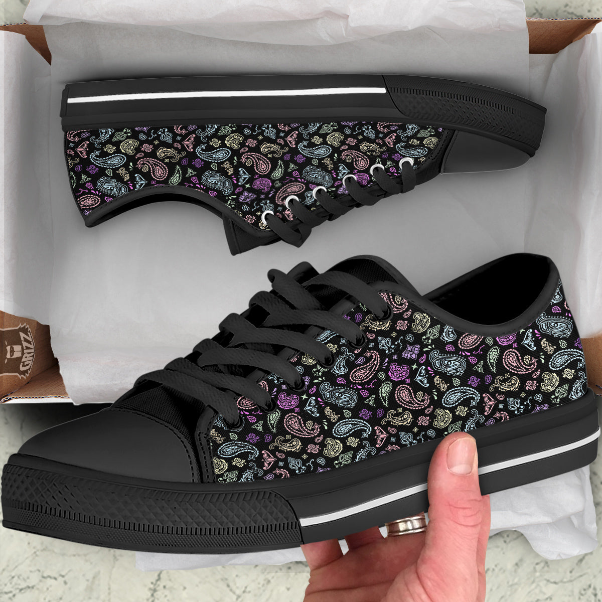 Black Pastel Paisley Bandana Print Black Low Top Shoes-grizzshop