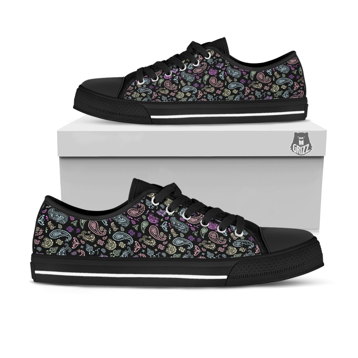 Black Pastel Paisley Bandana Print Black Low Top Shoes-grizzshop