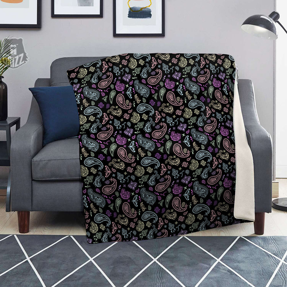 Black Pastel Paisley Bandana Print Blanket-grizzshop