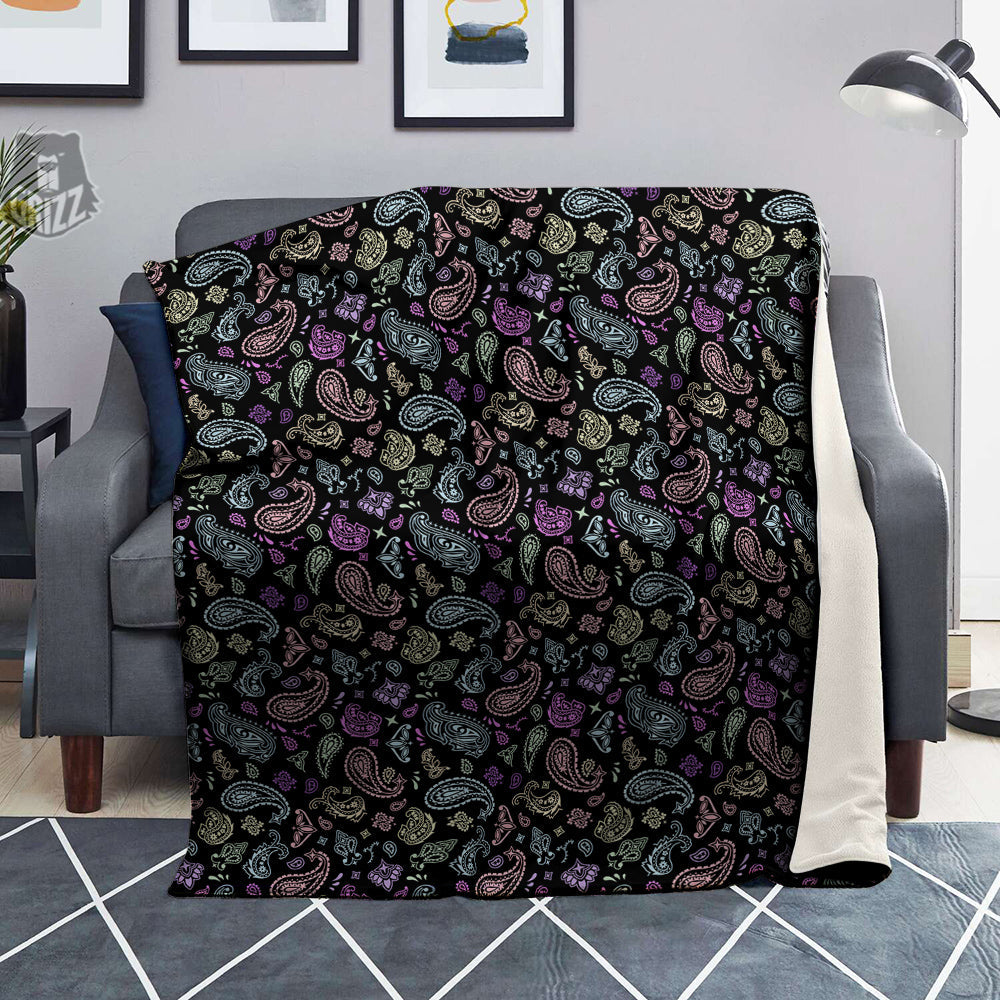 Black Pastel Paisley Bandana Print Blanket-grizzshop