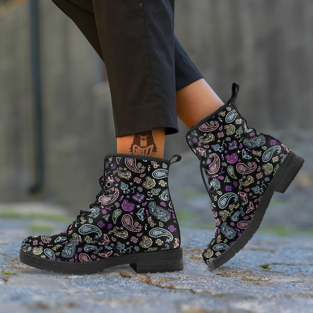 Black Pastel Paisley Bandana Print Leather Boots-grizzshop