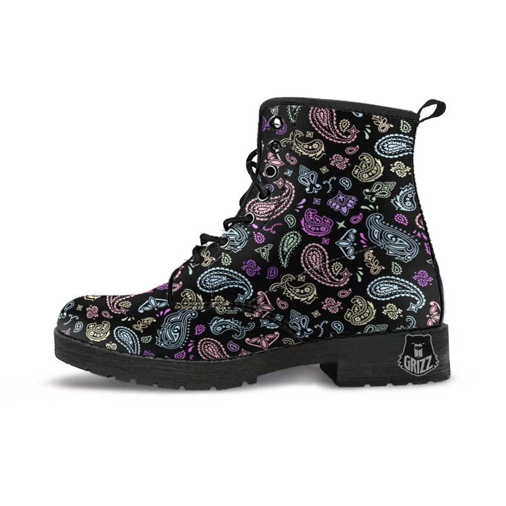 Black Pastel Paisley Bandana Print Leather Boots-grizzshop