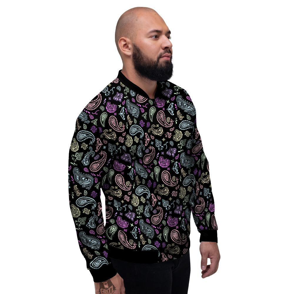 Black Pastel Paisley Bandana Print Men's Bomber Jacket-grizzshop