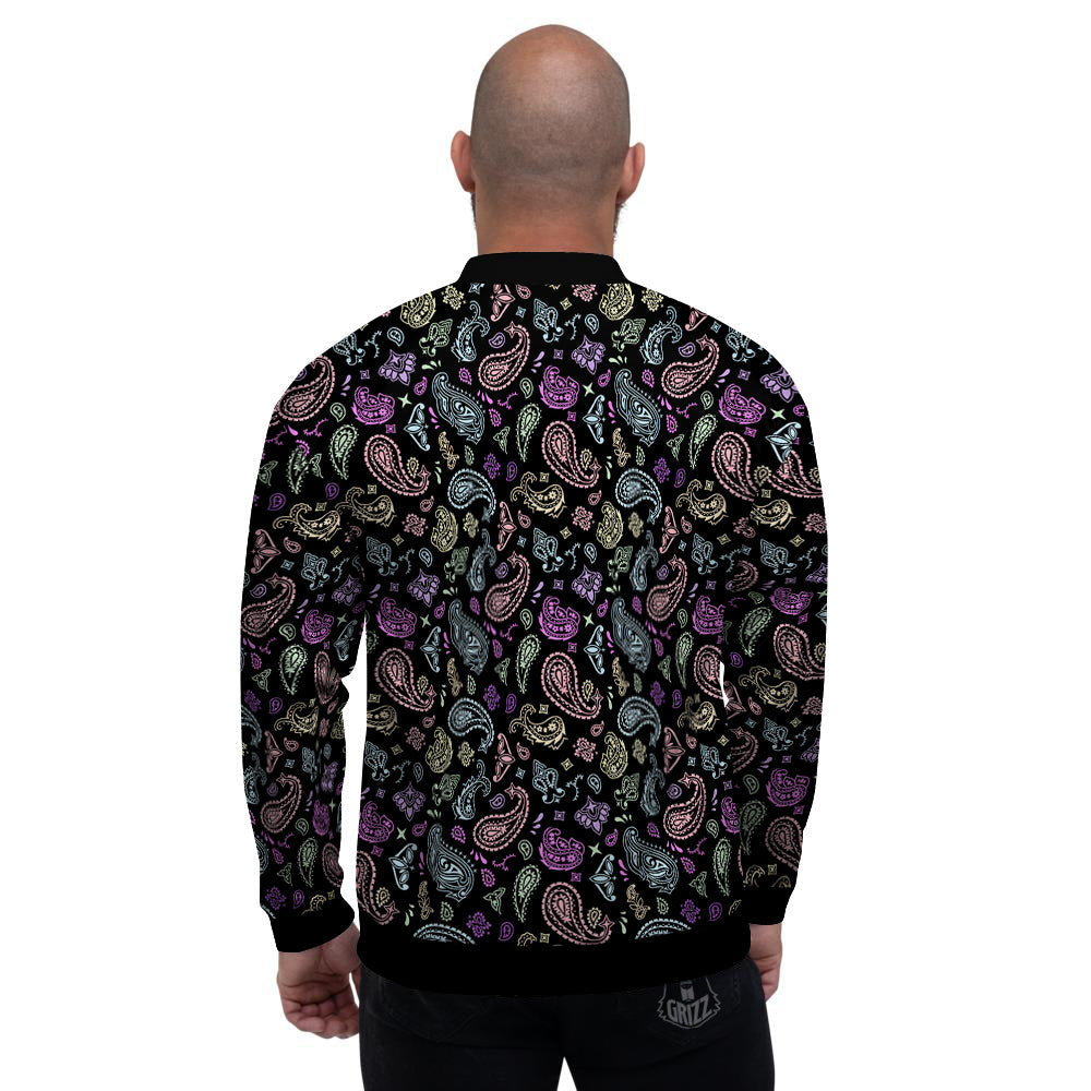 Black Pastel Paisley Bandana Print Men's Bomber Jacket-grizzshop