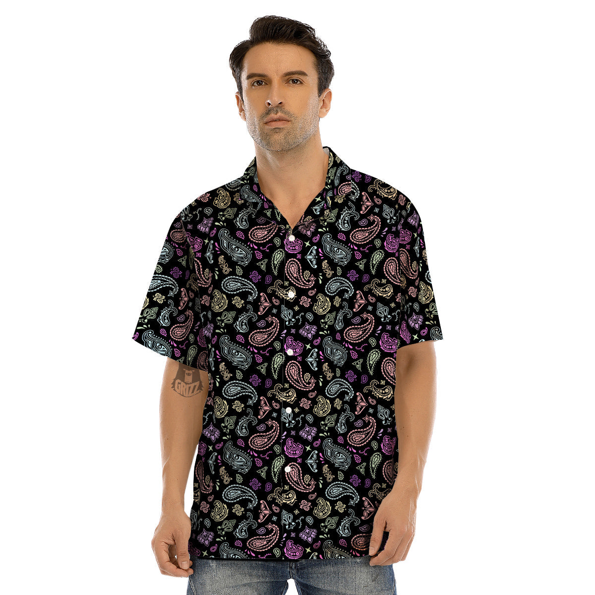 Black Pastel Paisley Bandana Print Men’s Hawaiian Shirt-grizzshop