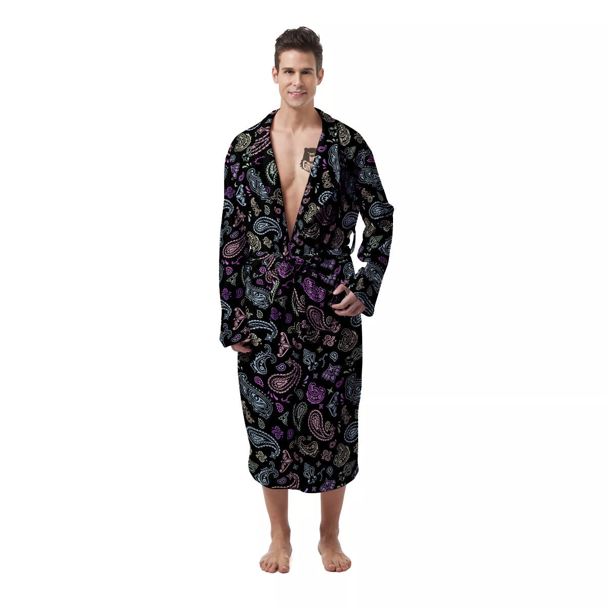 Black Pastel Paisley Bandana Print Men's Robe-grizzshop