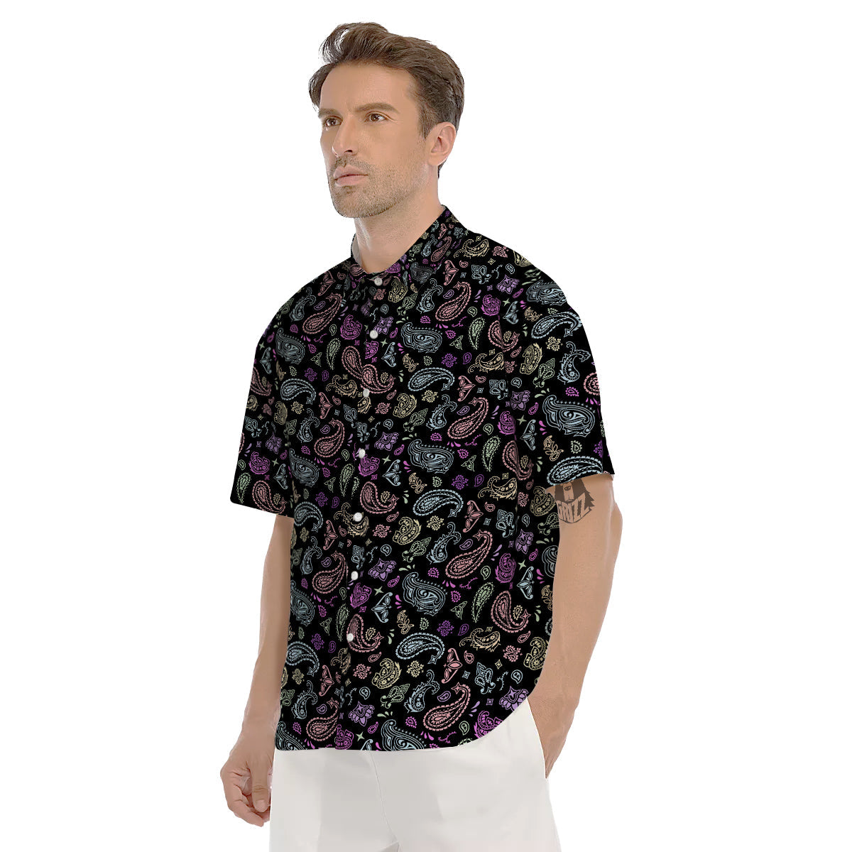 Black Pastel Paisley Bandana Print Men's Short Sleeve Shirts-grizzshop