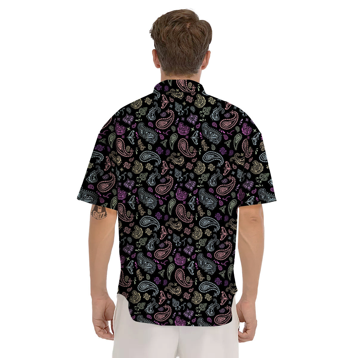 Black Pastel Paisley Bandana Print Men's Short Sleeve Shirts-grizzshop