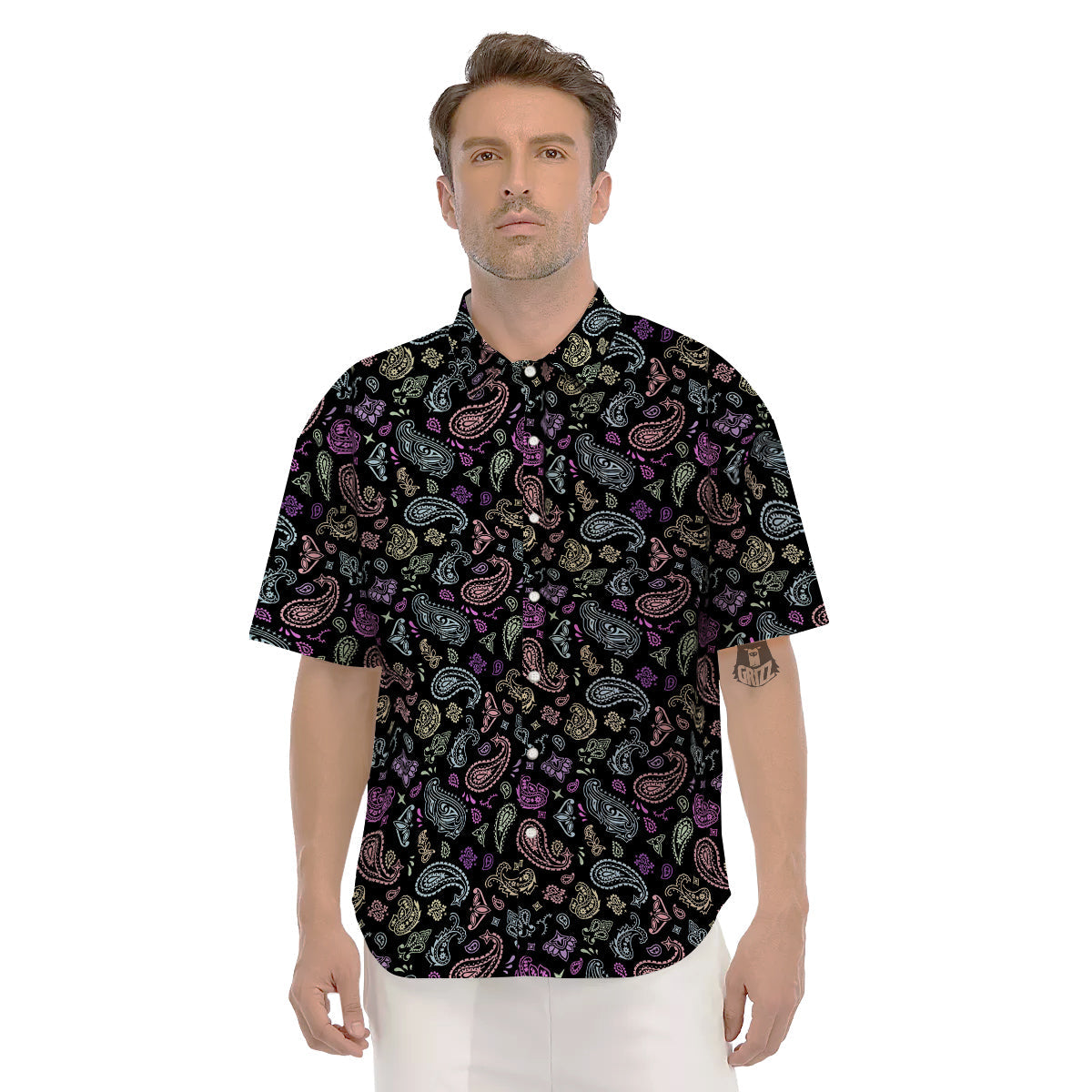 Black Pastel Paisley Bandana Print Men's Short Sleeve Shirts-grizzshop