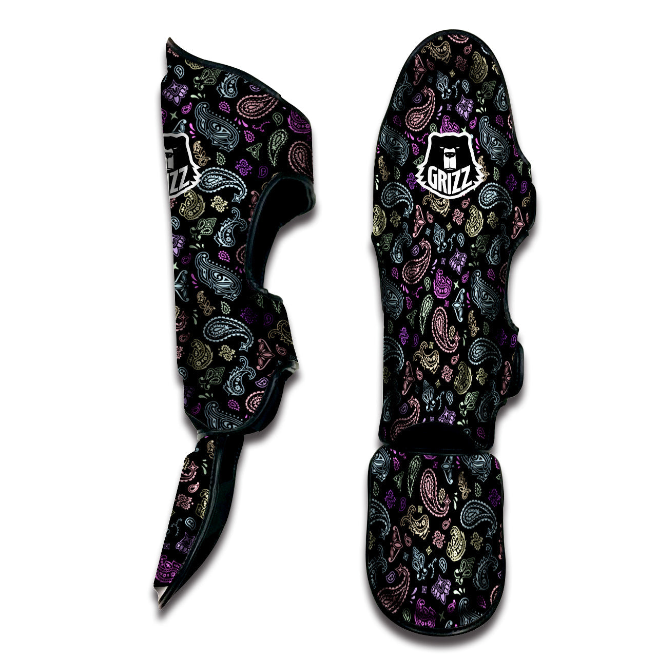 Black Pastel Paisley Bandana Print Muay Thai Shin Guards-grizzshop