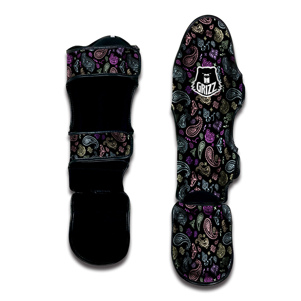 Black Pastel Paisley Bandana Print Muay Thai Shin Guards-grizzshop