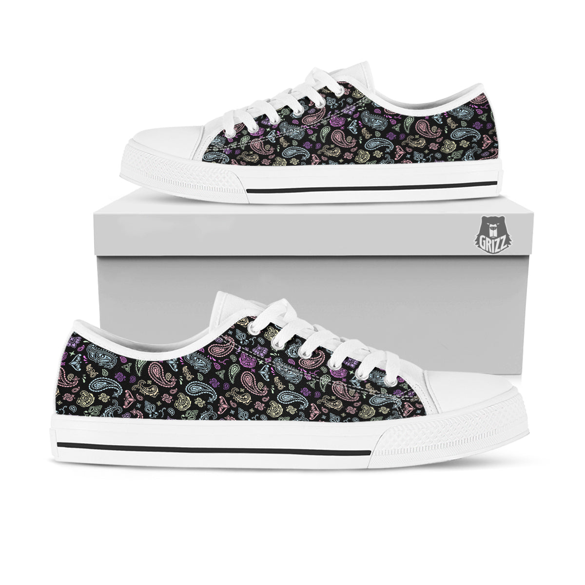 Black Pastel Paisley Bandana Print White Low Top Shoes-grizzshop