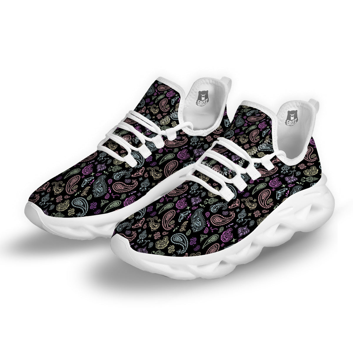 Black Pastel Paisley Bandana Print White Running Shoes-grizzshop