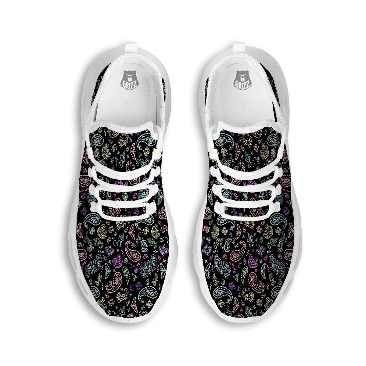 Black Pastel Paisley Bandana Print White Running Shoes-grizzshop