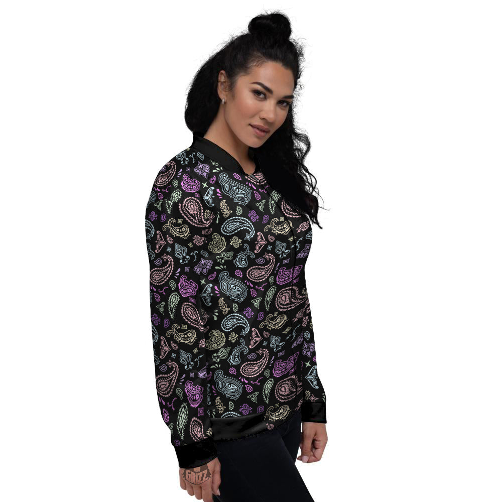 Black Pastel Paisley Bandana Print Women's Bomber Jacket-grizzshop