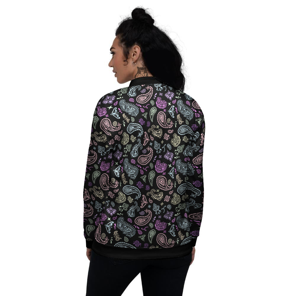 Black Pastel Paisley Bandana Print Women's Bomber Jacket-grizzshop