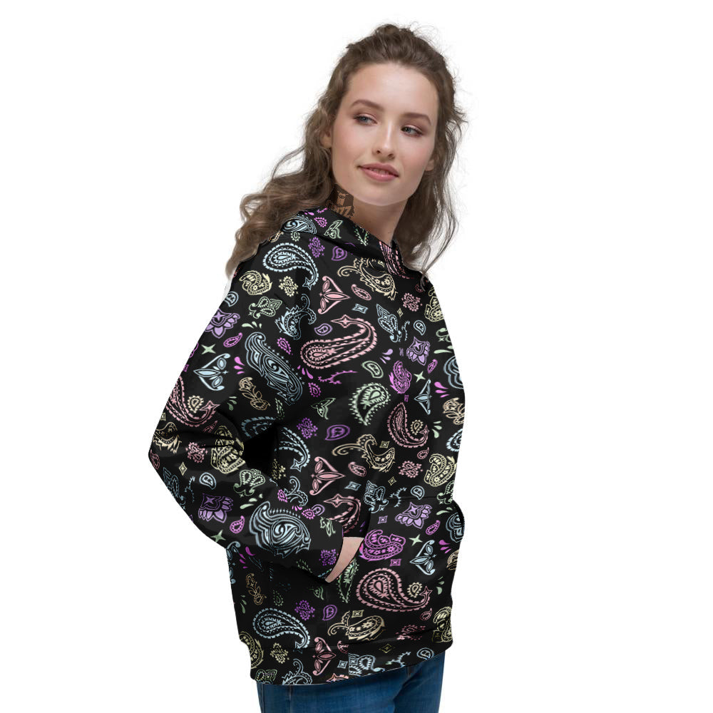Black Pastel Paisley Bandana Print Women's Hoodie-grizzshop