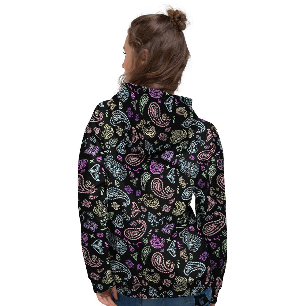 Black Pastel Paisley Bandana Print Women's Hoodie-grizzshop