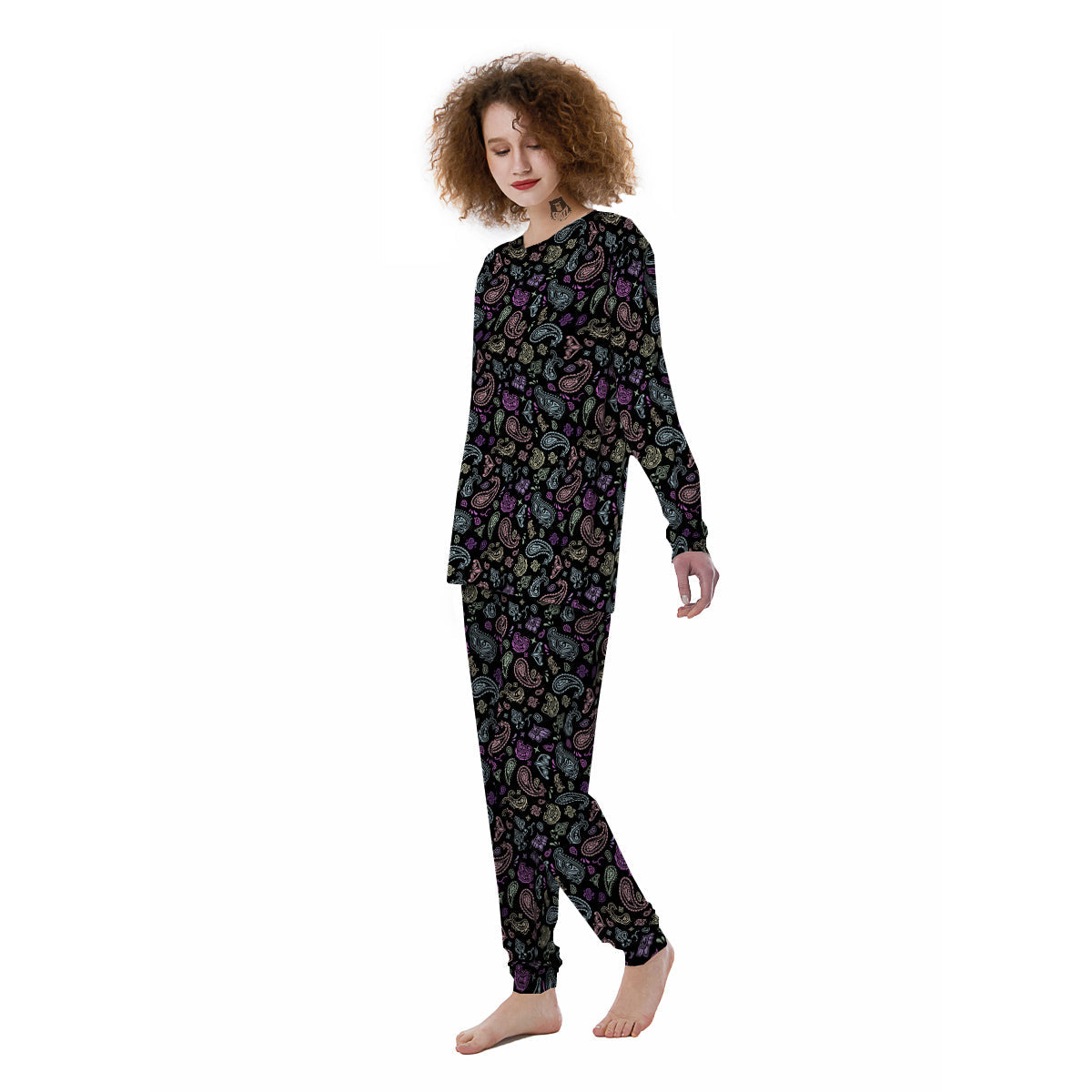 Black Pastel Paisley Bandana Print Women's Pajamas-grizzshop