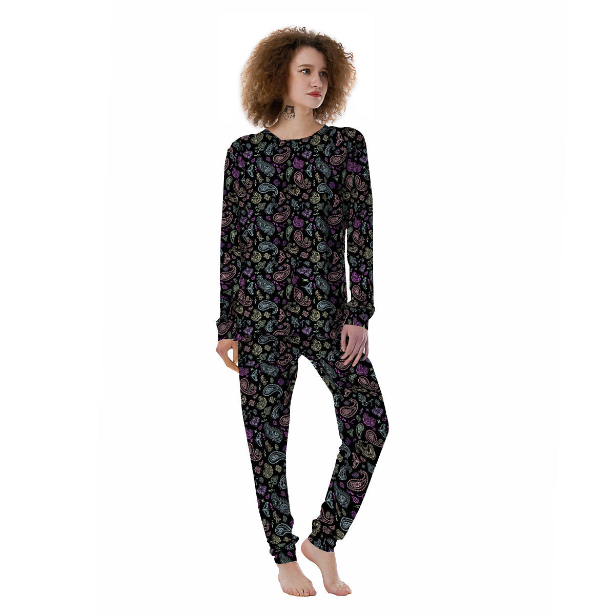 Black Pastel Paisley Bandana Print Women's Pajamas-grizzshop