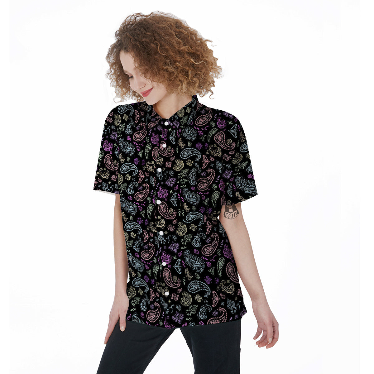 Black Pastel Paisley Bandana Print Women's Short Sleeve Shirts-grizzshop