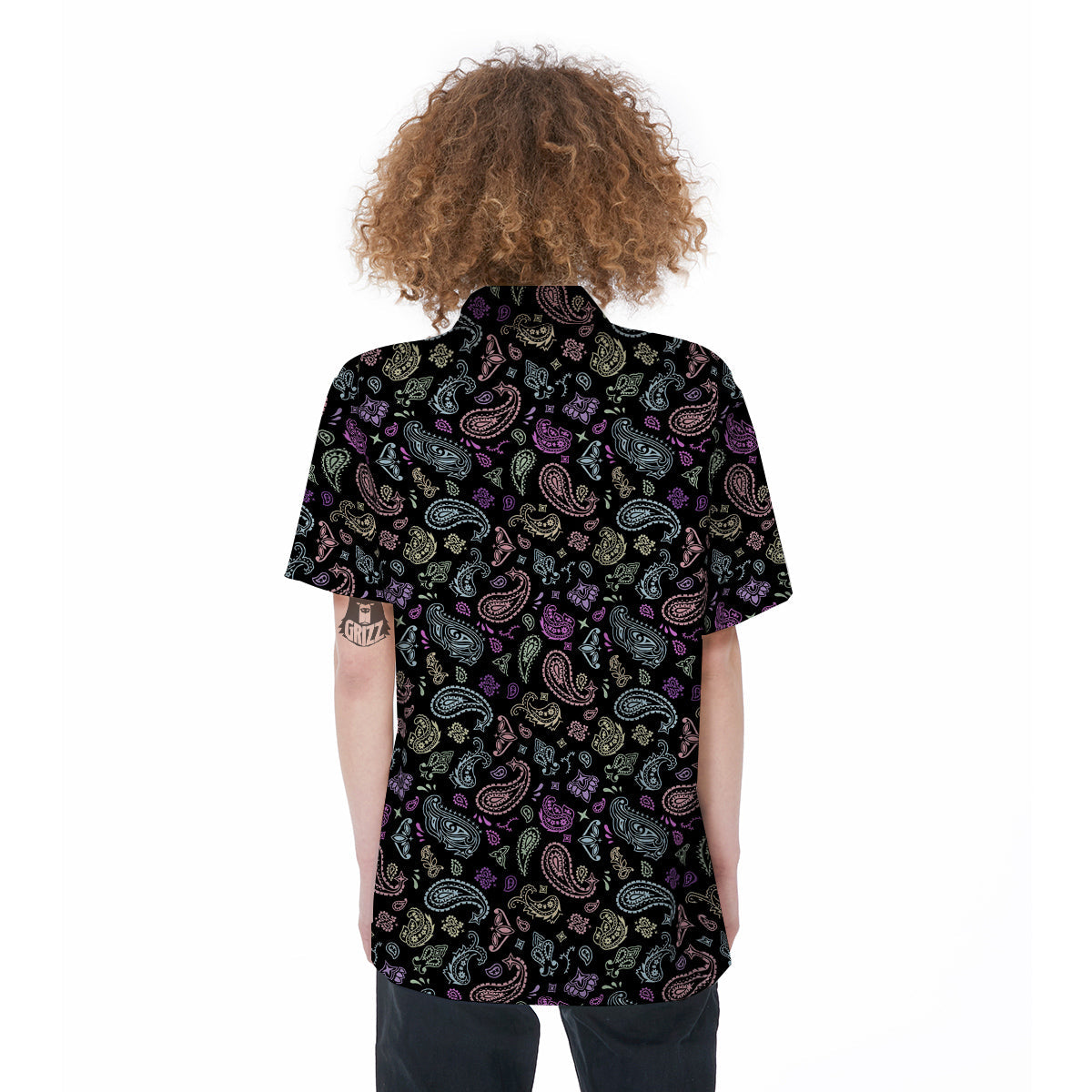 Black Pastel Paisley Bandana Print Women's Short Sleeve Shirts-grizzshop