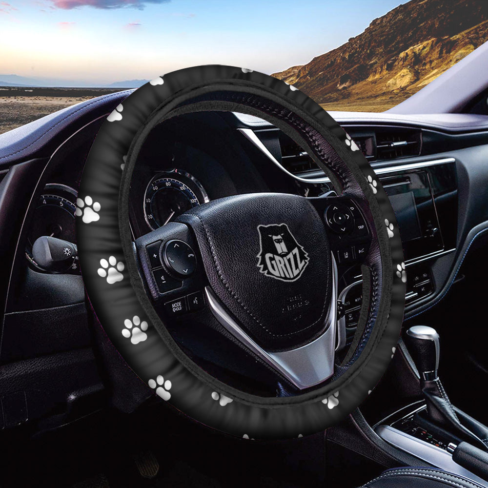Black Paw Print Car Steering Wheel Cover-grizzshop