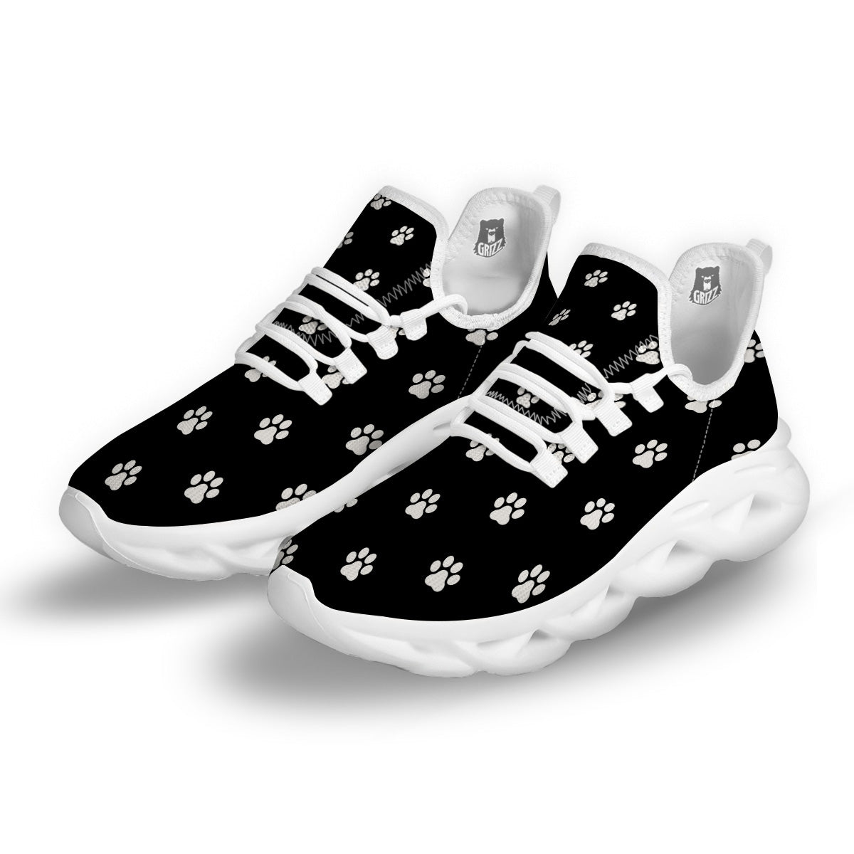 Black Paw Print White Running Shoes-grizzshop