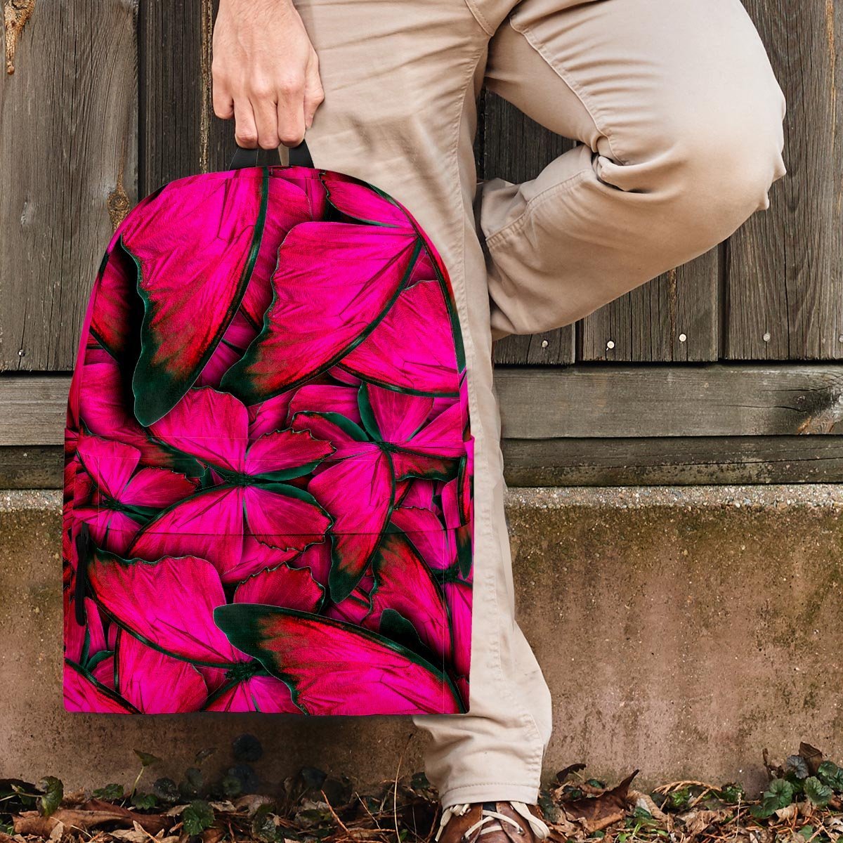 Black Pink Butterfly Print Backpack-grizzshop