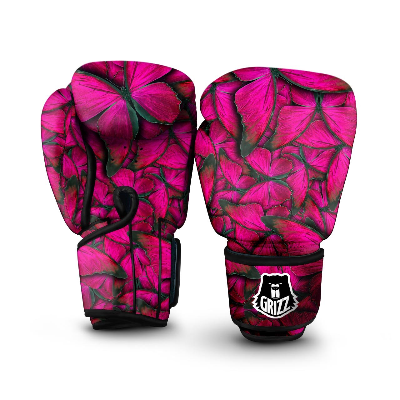 Black Pink Butterfly Print Boxing Gloves-grizzshop