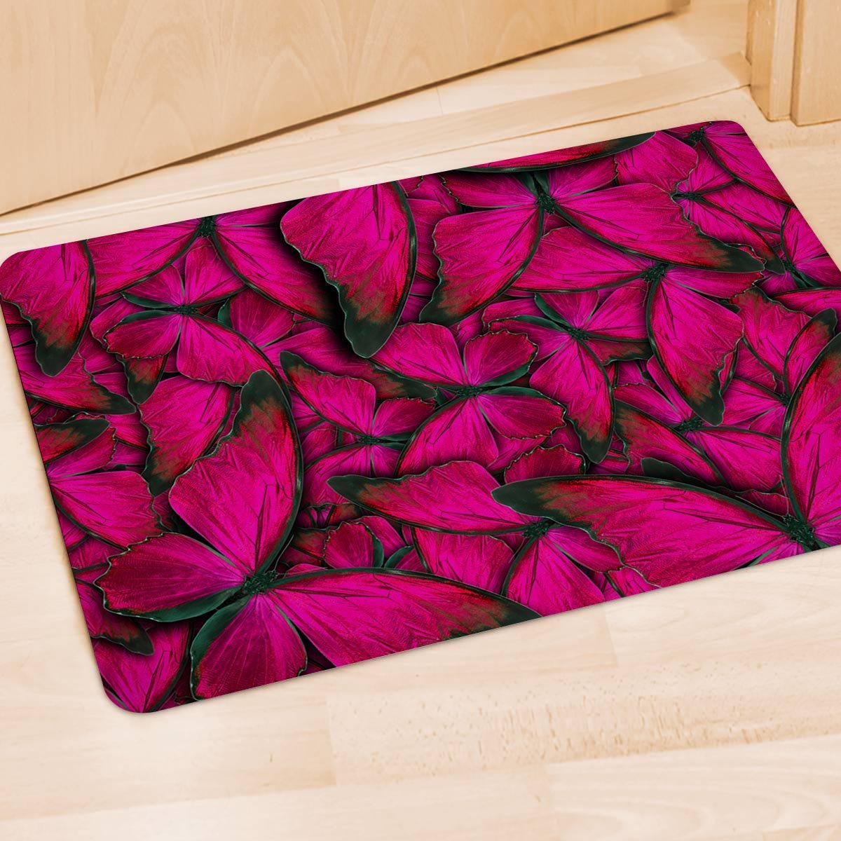 Black Pink Butterfly Print Door Mat-grizzshop