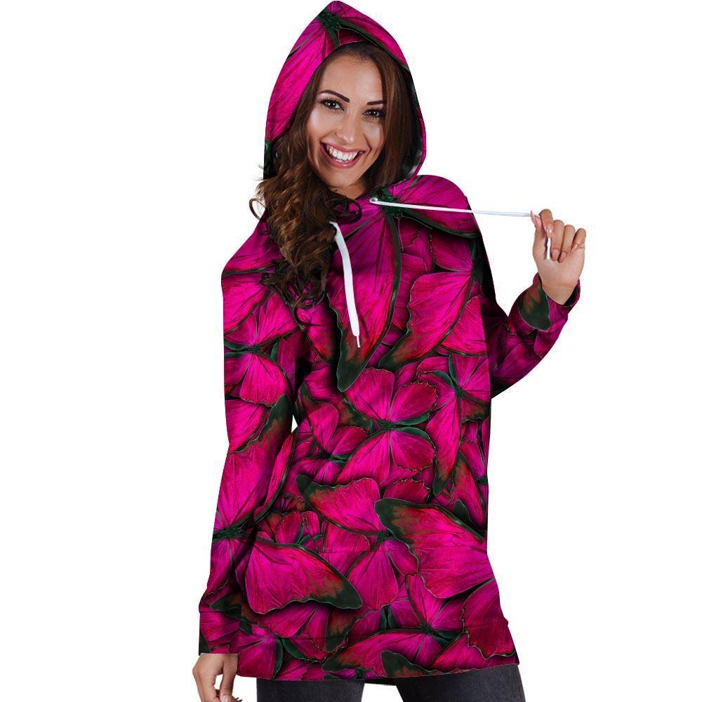 Black Pink Butterfly Print Hoodie Dress-grizzshop