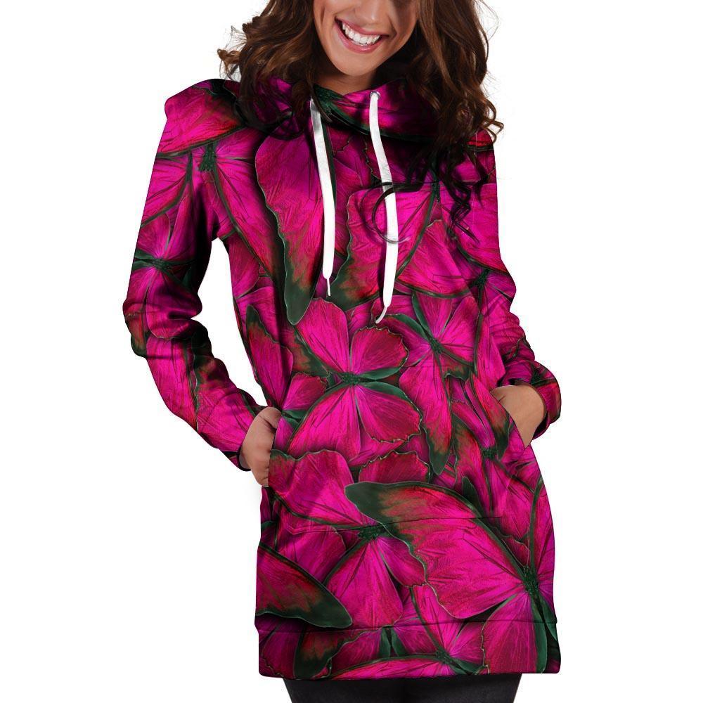 Black Pink Butterfly Print Hoodie Dress-grizzshop