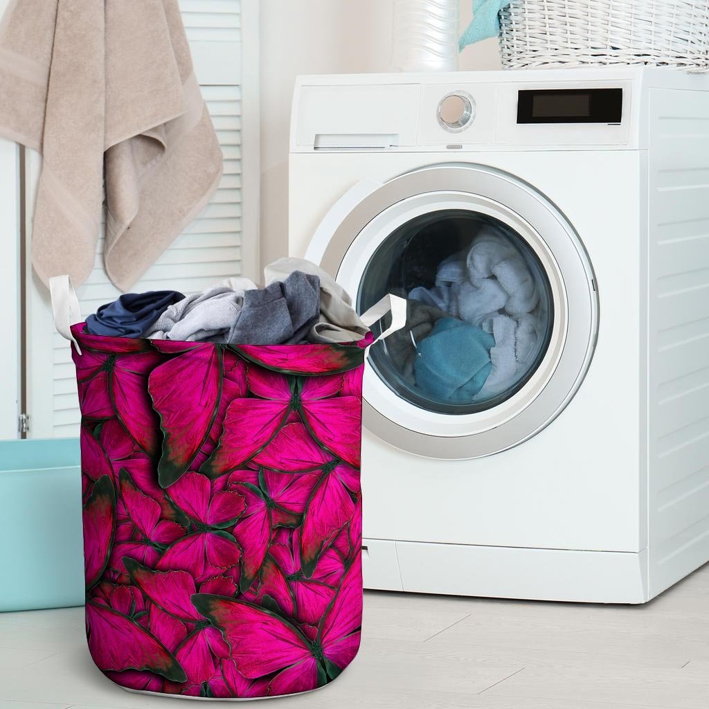 Black Pink Butterfly Print Laundry Basket-grizzshop